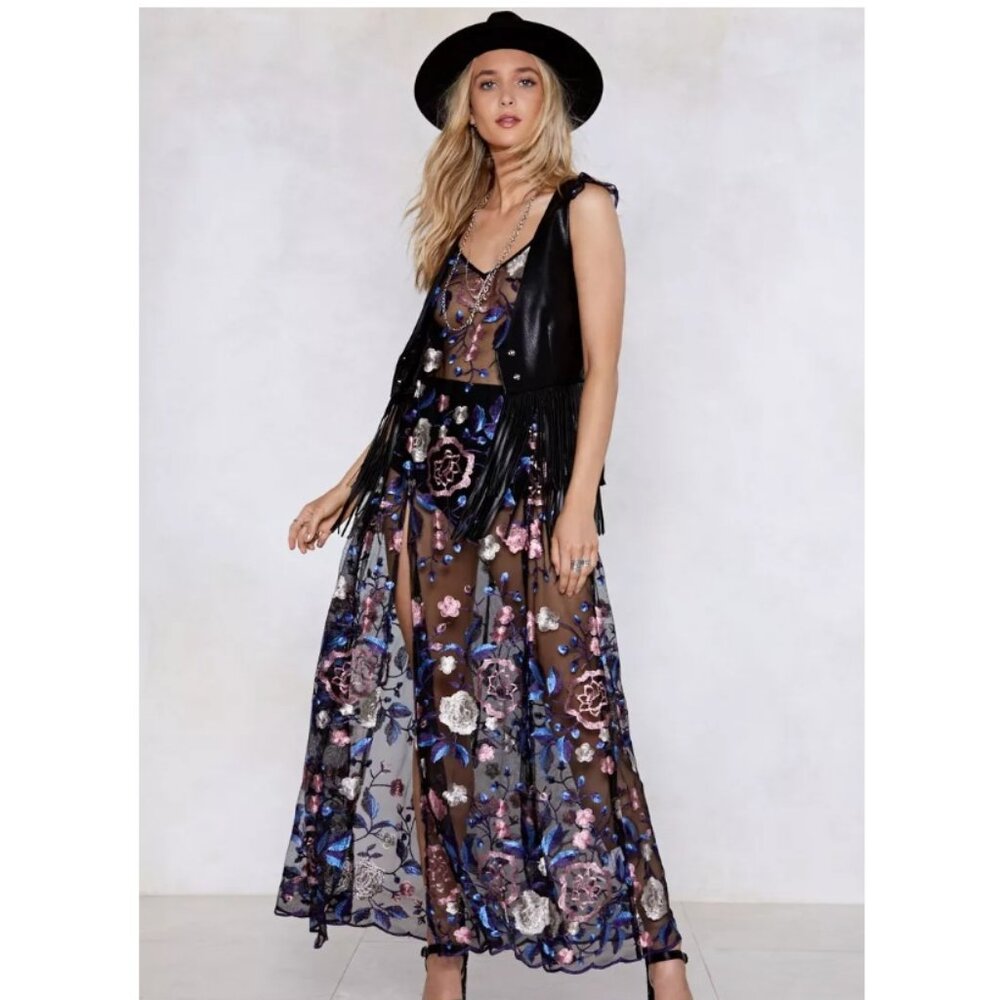 BNWT Nasty Gal Embroidered Floral Mesh Maxi Dress, Size US 6